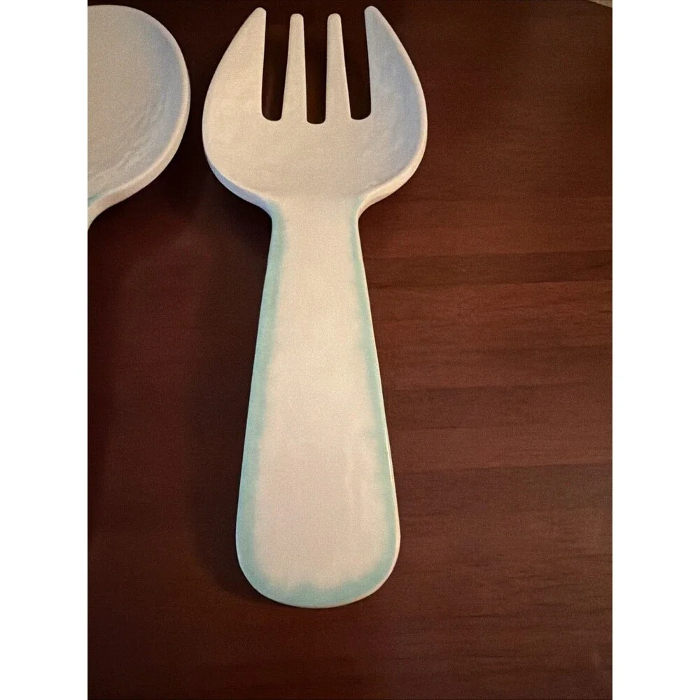 Laurie Gates Salad Server Tray Set Spoon & Fork White Teal Trim 10.5